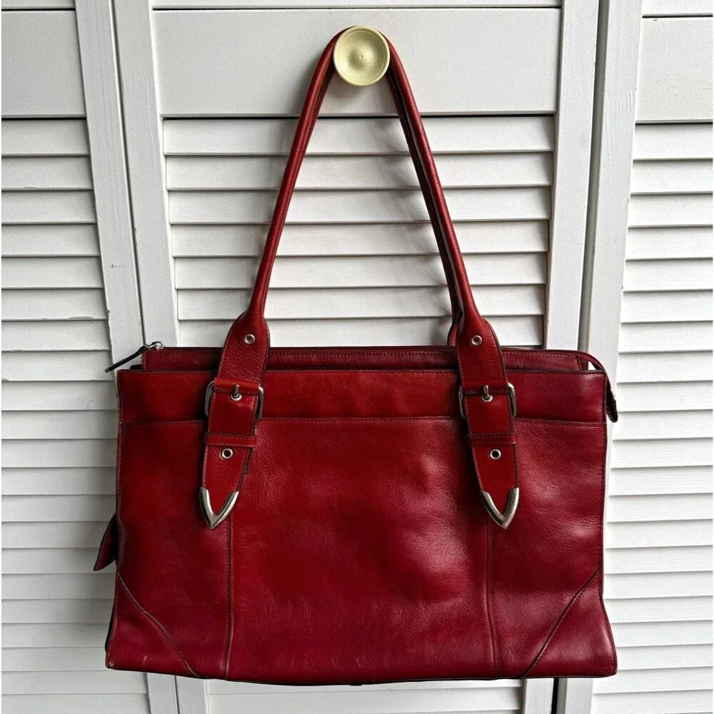 Vintage Red Leather Bag Zip Top Buckle Accents Silver Hardware